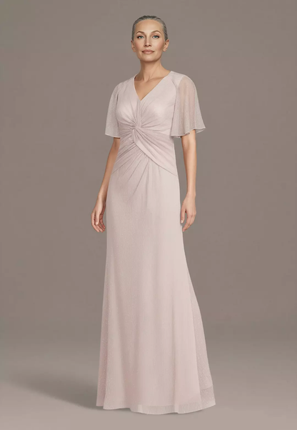 Polished V-Neck Mother of the Bride Dress with Sheer Flutter Sleeves and Twisted Waist Detail