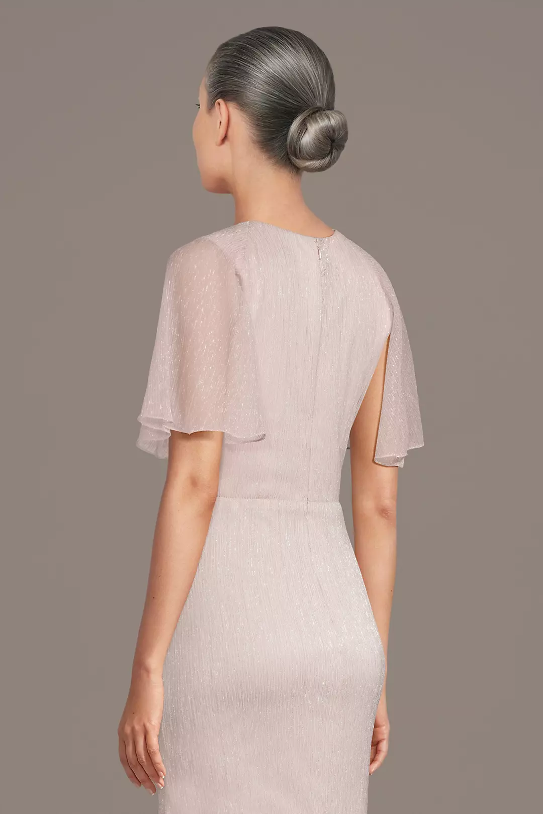 Polished V-Neck Mother of the Bride Dress with Sheer Flutter Sleeves and Twisted Waist Detail