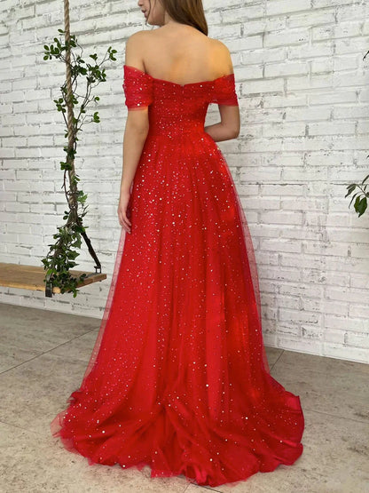 Pretty A Line Red Long Off The Shoulder Prom Dresses With Sequins