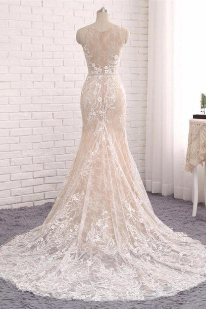 Princess Mermaid Lace Appliques Scoop Straps Ivory Wedding Dresses Bridal Dresses