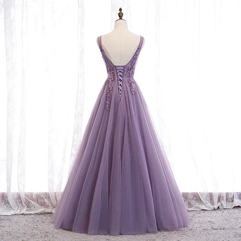 Elegant purple V-neck chiffon with lace and floor length party dress, purple A-shaped beaded sleeveless backless and floor length evening dress