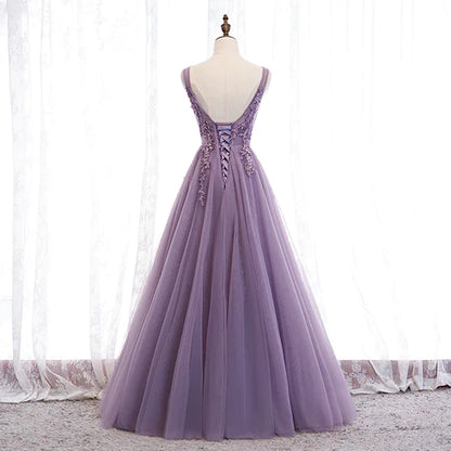 Elegant purple V-neck chiffon with lace and floor length party dress, purple A-shaped beaded sleeveless backless and floor length evening dress