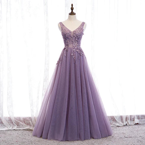 Elegant purple V-neck chiffon with lace and floor length party dress, purple A-shaped beaded sleeveless backless and floor length evening dress