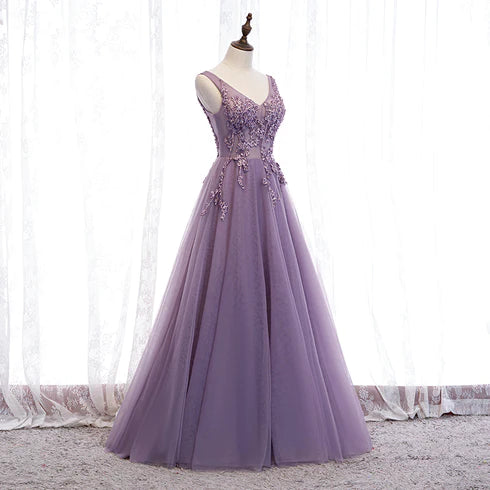 Elegant purple V-neck chiffon with lace and floor length party dress, purple A-shaped beaded sleeveless backless and floor length evening dress
