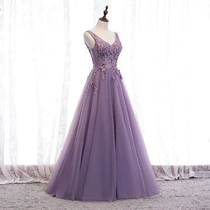 Elegant purple V-neck chiffon with lace and floor length party dress, purple A-shaped beaded sleeveless backless and floor length evening dress