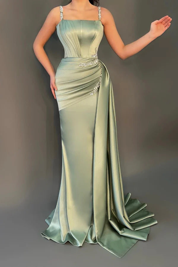 Bead belt pleated long formal dress Prom dress