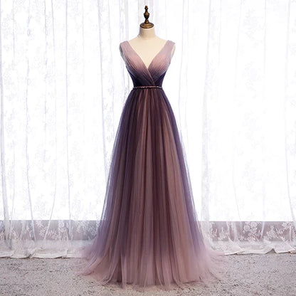 Unique/beautiful purple gradient V-neck sheer long ball dress, purple gradient sleeveless backless long evening dress