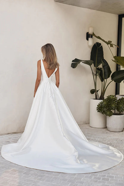A-line V-neck side slit satin wedding dress bride dress