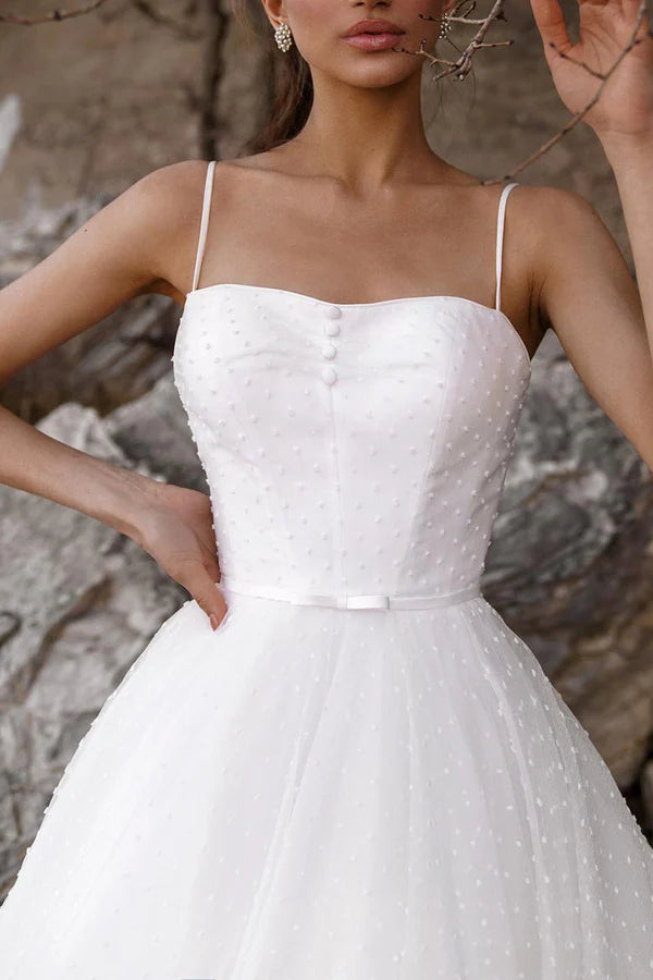 A-line shoulder strap auditorium casual wedding dress white minimalist bride dress