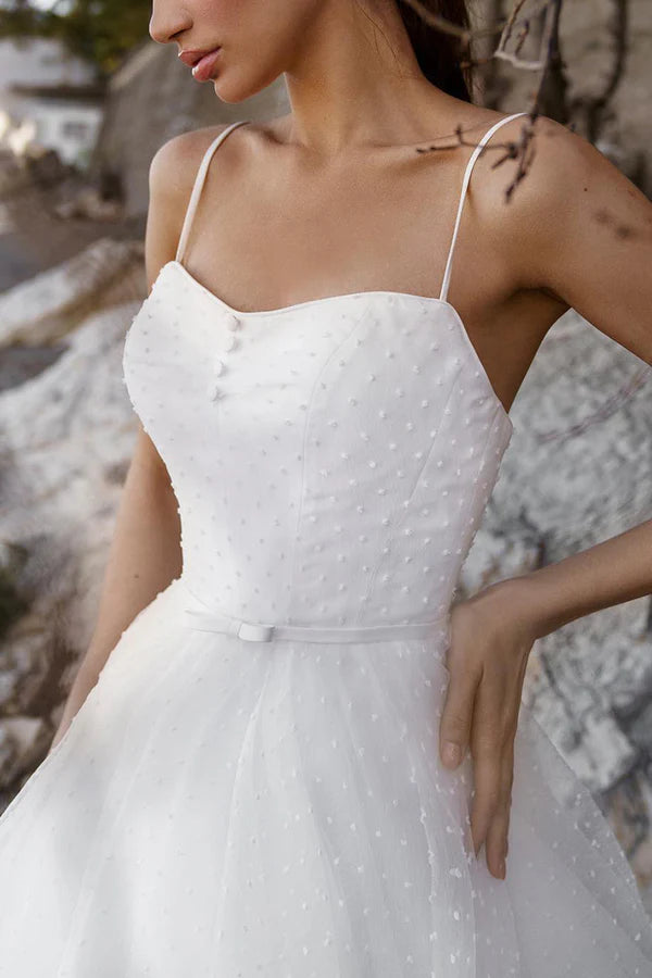 A-line shoulder strap auditorium casual wedding dress white minimalist bride dress