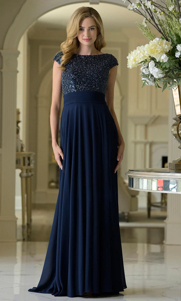 Elegant A-Line Bateau Neck Cap Sleeve V-Back Floor Length Mother of the Bride Dresses