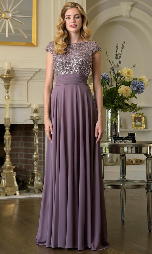 Elegant A-Line Bateau Neck Cap Sleeve V-Back Floor Length Mother of the Bride Dresses
