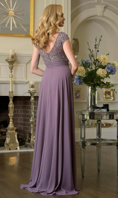 Elegant A-Line Bateau Neck Cap Sleeve V-Back Floor Length Mother of the Bride Dresses