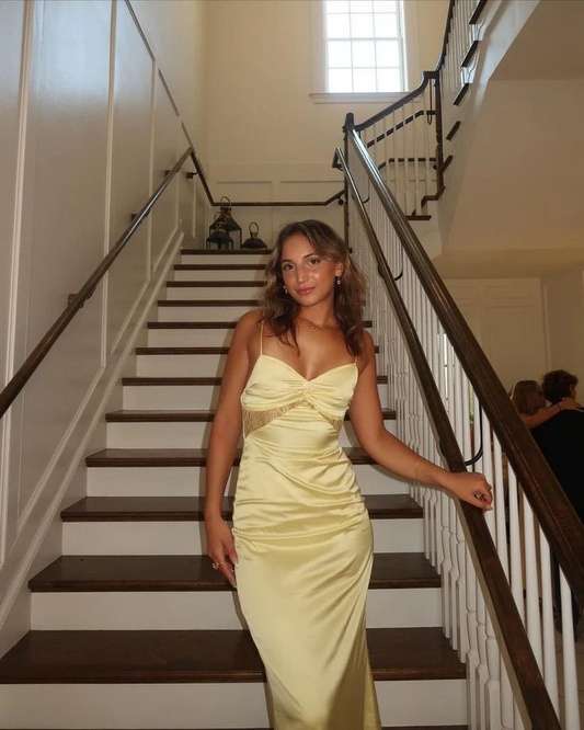 Radiant Mermaid Sweetheart-Neck Lace-Up-Back Cutout Yellow Satin Prom Dress