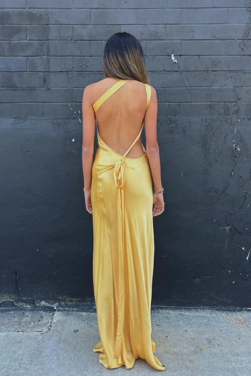 Radiant One-Shoulder Open-Back Sleeveless Floor-Length Satin Evening Dress
