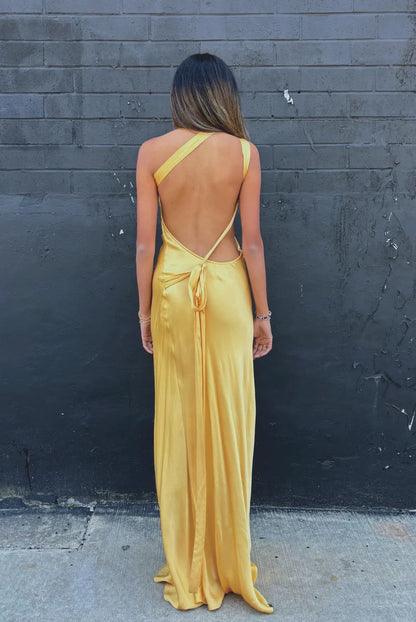 Radiant One-Shoulder Open-Back Sleeveless Floor-Length Satin Evening Dress