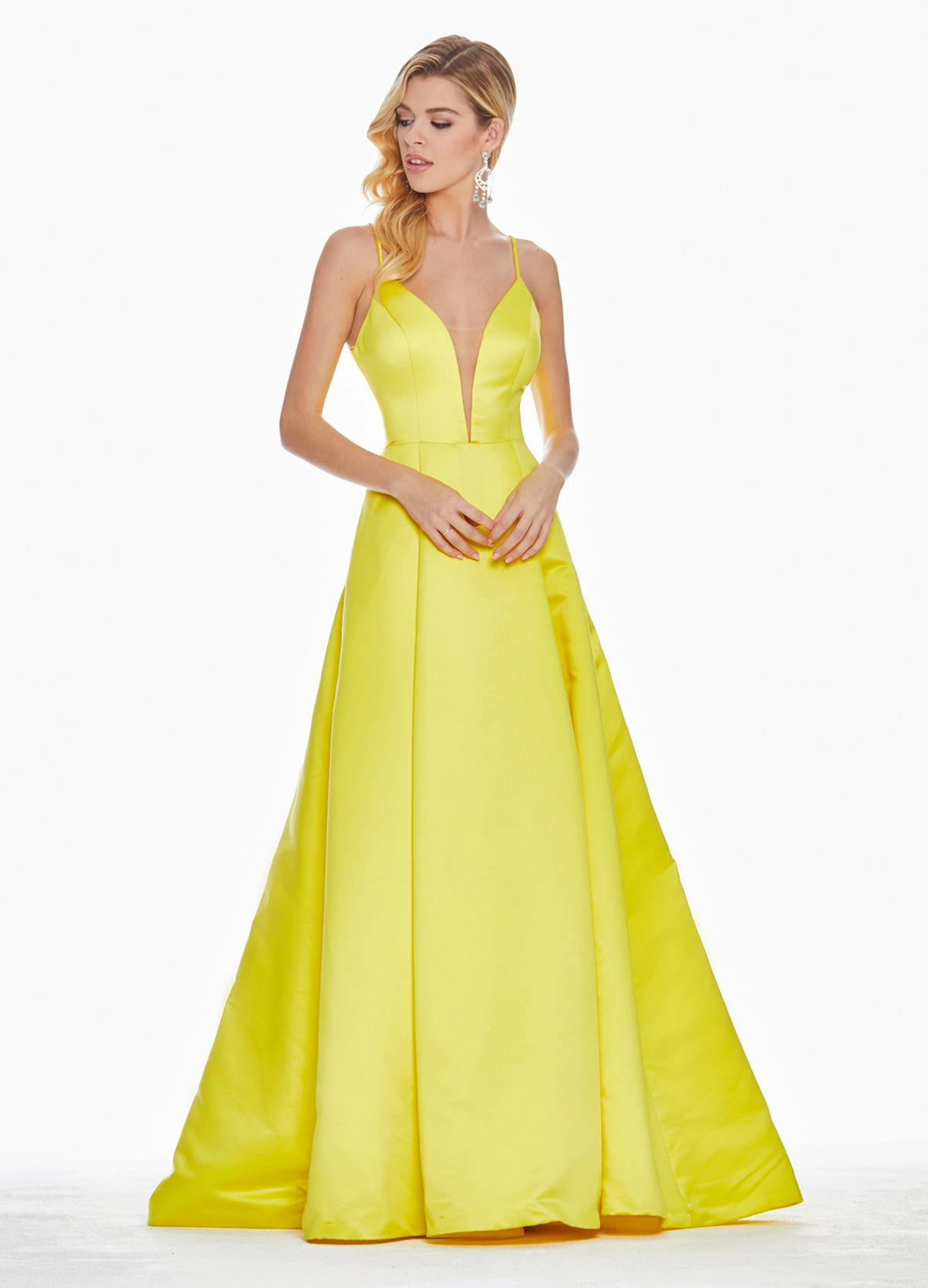 Radiant A-Line Plunge Sleeveless Backless Pockets Yellow Maxi Prom Dresses Women
