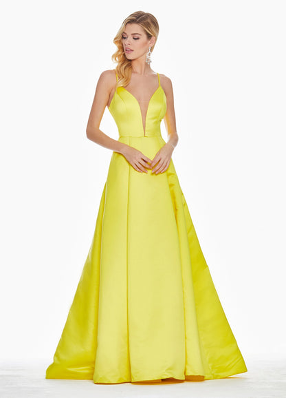 Radiant A-Line Plunge Sleeveless Backless Pockets Yellow Maxi Prom Dresses Women