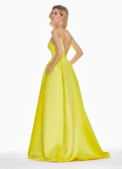 Radiant A-Line Plunge Sleeveless Backless Pockets Yellow Maxi Prom Dresses Women