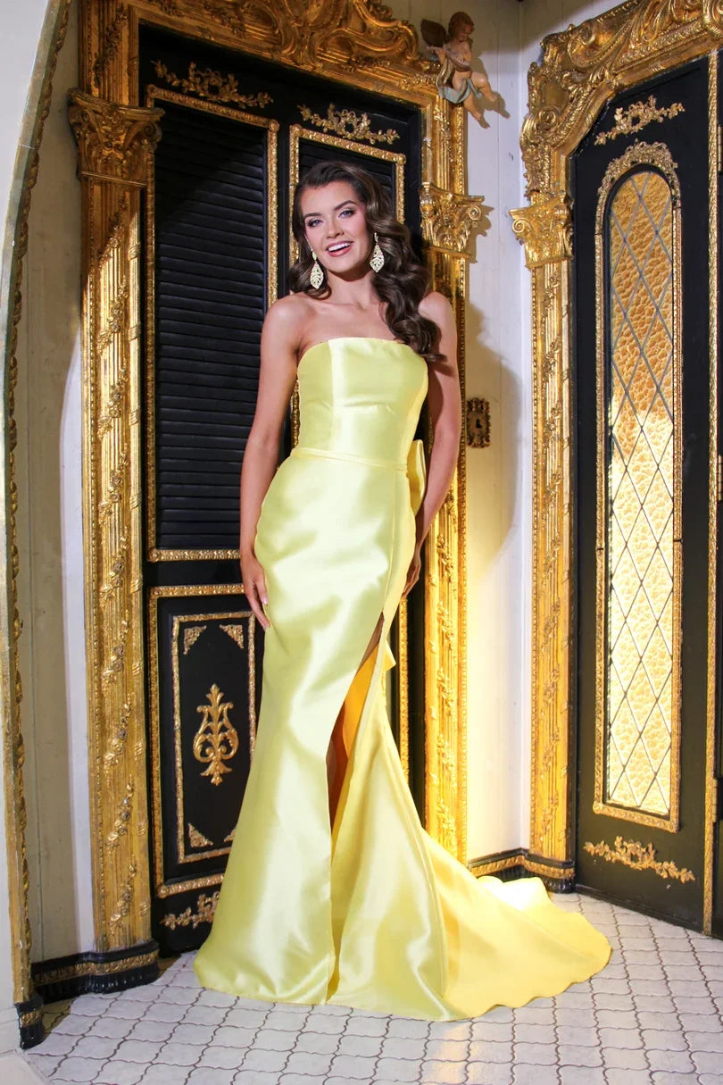 Radiant Mermaid Strapless Sleeveless Bow Slit Yellow Long Prom Dresses Women