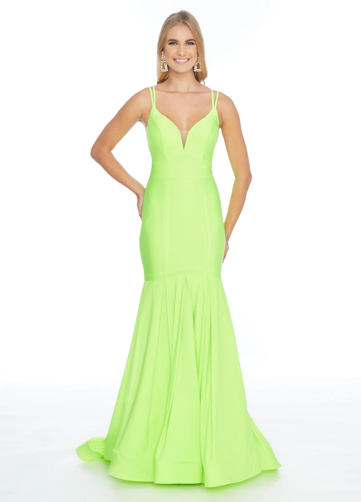 Radiant Mermaid V-Neck Sleeveless Strappy Backless Neon Long Prom Dresses Gown