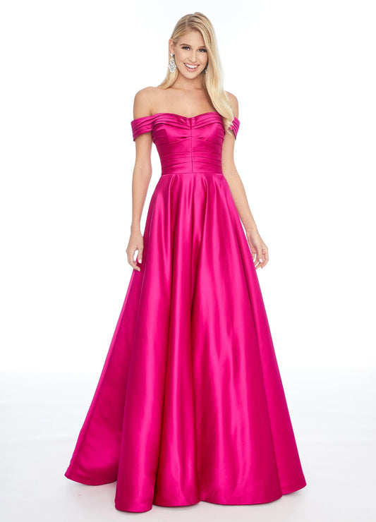 Radiant Satin A-Line Off-Shoulder Sweetheart Short Sleeve Zipper Back Floor-Length Evening Dresses