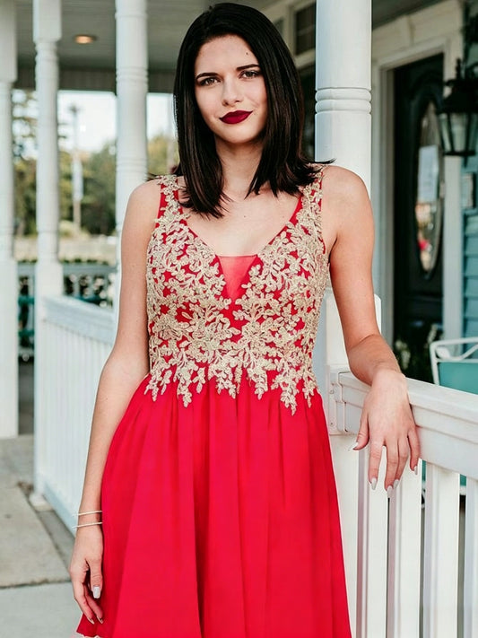 Red Chiffon V-neck Gold Lace Appliqué Spaghetti Strap A-line Mini Homecoming Dresses