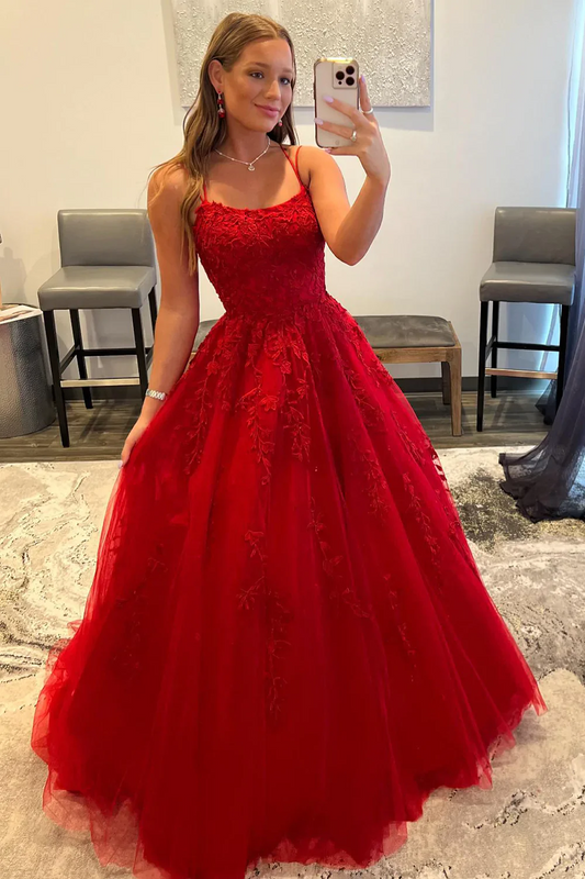 Red Floral Lace A-Line Square Neck Spaghetti Straps Lace-Up Back Floor Length Prom Dresses