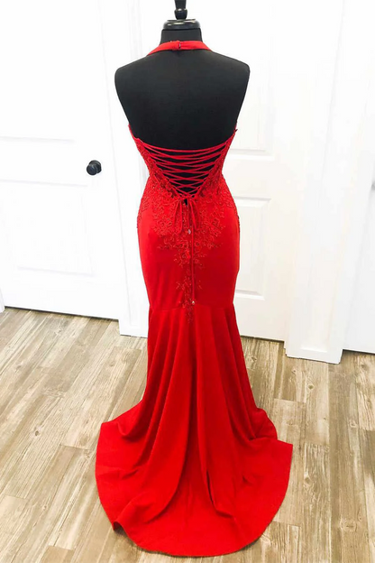 Red Lace Halter Mermaid Sweetheart Neck Lace-Up Back Floor Length Prom Dresses
