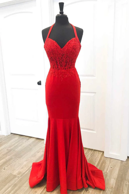 Red Lace Halter Mermaid Sweetheart Neck Lace-Up Back Floor Length Prom Dresses