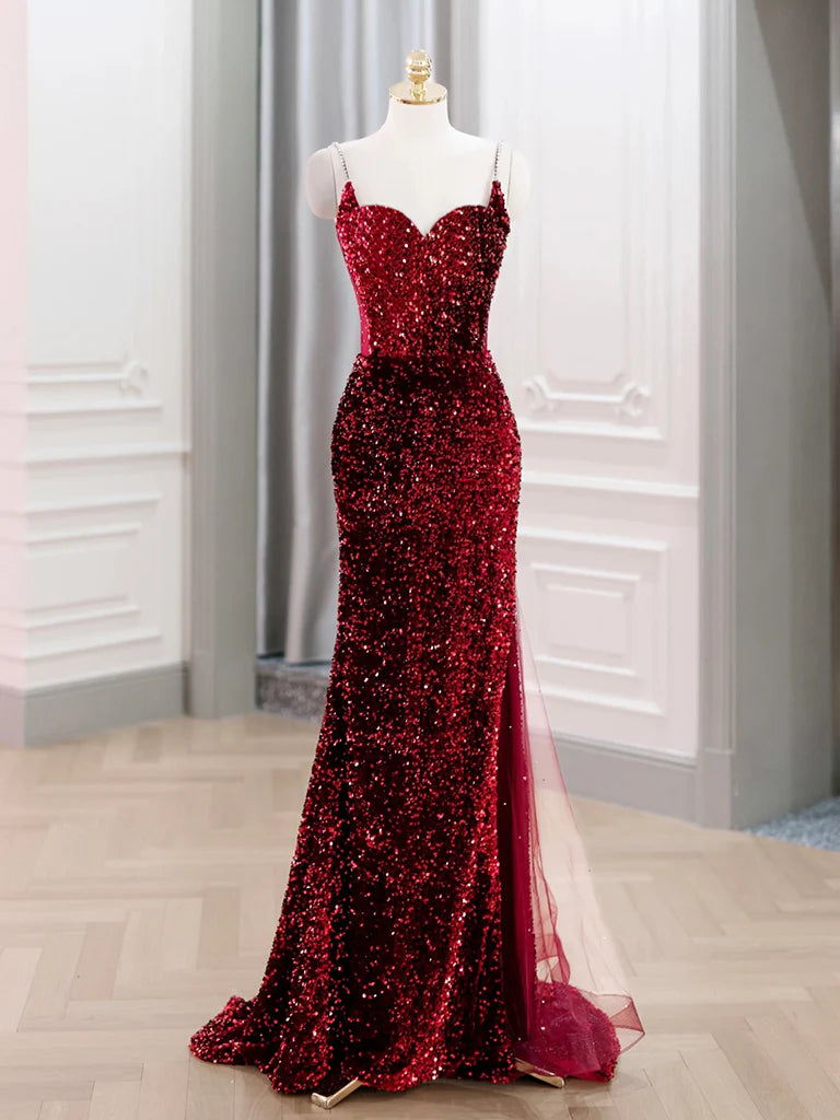 Red Sequin Mermaid Sweetheart Neck Beaded Strap Sheer Corset Back Slit Maxi Prom Dress