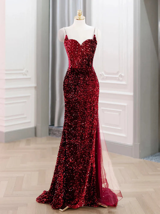 Red Sequin Mermaid Sweetheart Neck Beaded Strap Sheer Corset Back Slit Maxi Prom Dress