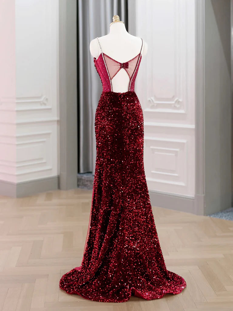 Red Sequin Mermaid Sweetheart Neck Beaded Strap Sheer Corset Back Slit Maxi Prom Dress