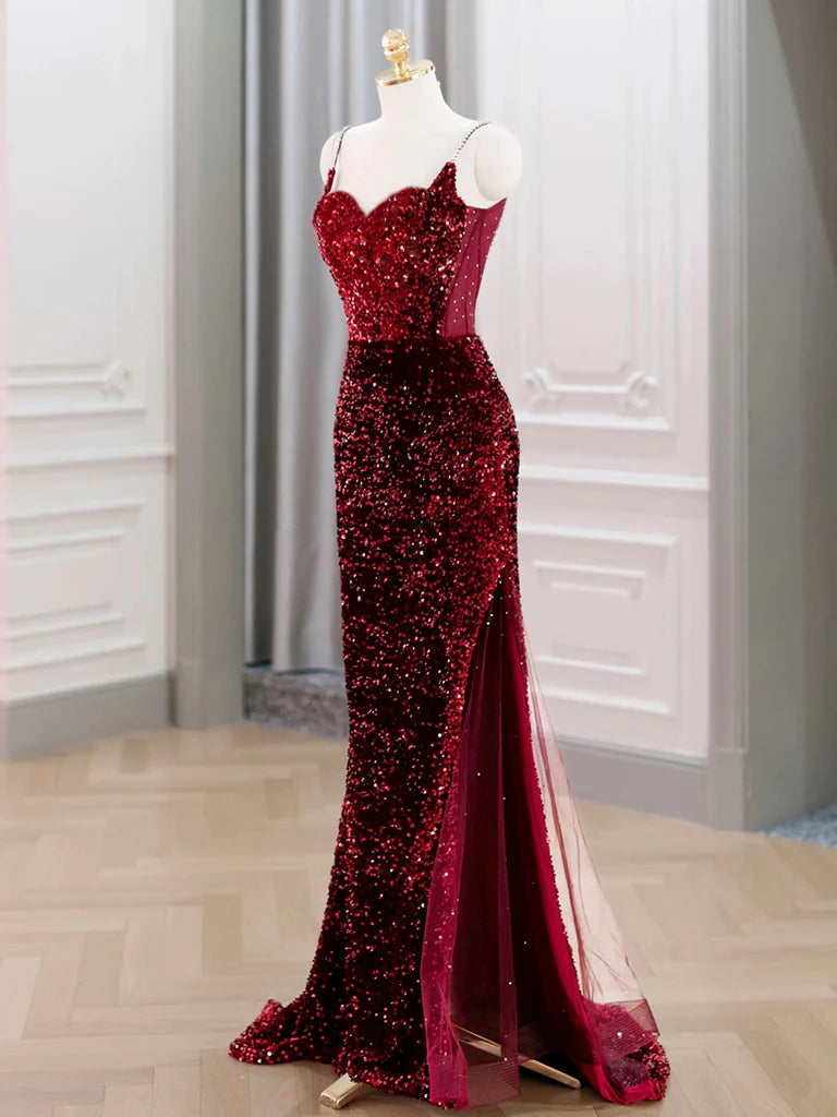 Red Sequin Mermaid Sweetheart Neck Beaded Strap Sheer Corset Back Slit Maxi Prom Dress
