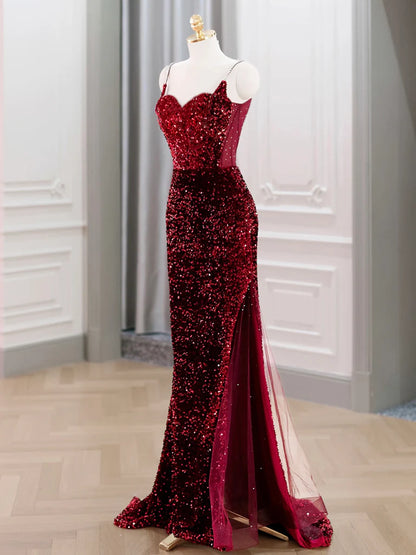 Red Sequin Mermaid Sweetheart Neck Beaded Strap Sheer Corset Back Slit Maxi Prom Dress