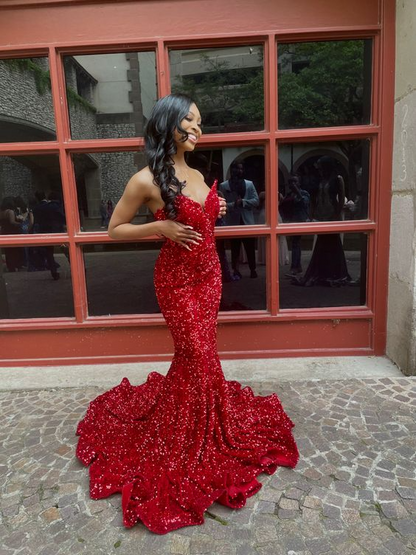 Shimmering Red Sequin Mermaid Strapless Sweetheart Prom Dress with Flared Train