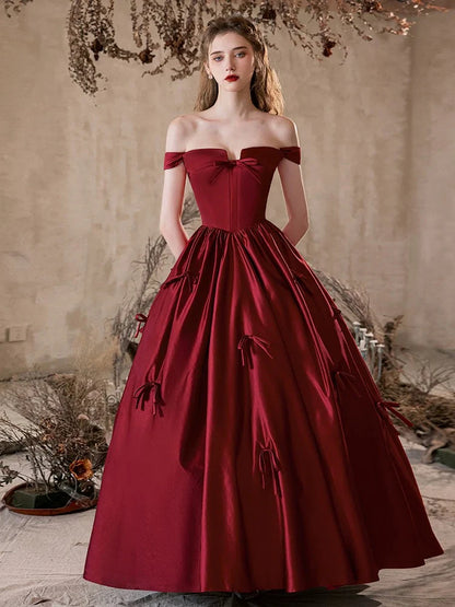 Red Off-the-Shoulder Bow Satin A-Line Lace-Up Back Floor Length Prom Dresses