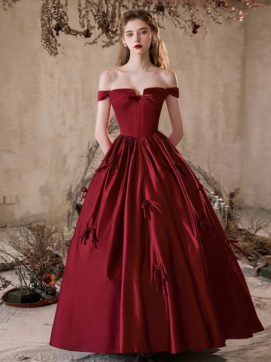 Red Off-the-Shoulder Bow Satin A-Line Lace-Up Back Floor Length Prom Dresses