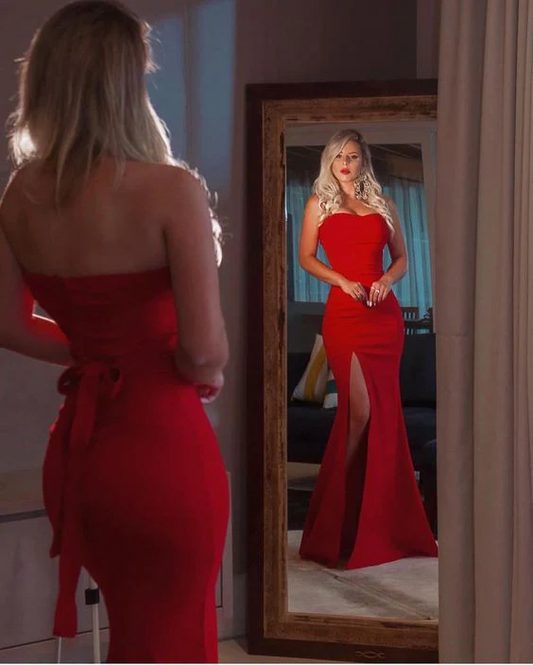 Red Strapless Sweetheart Mermaid Prom Dress with High Slit and Bow Back