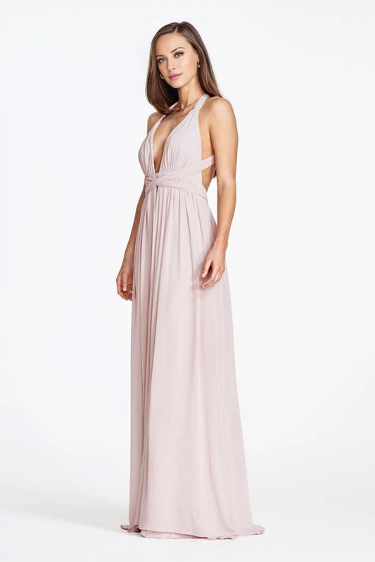 Refined A-Line Halter Neck Sleeveless Open-Back Flowy Floor-Length Evening Dress