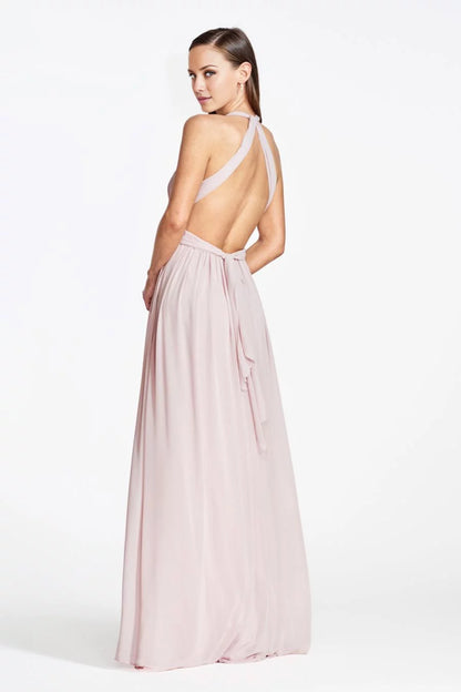 Refined A-Line Halter Neck Sleeveless Open-Back Flowy Floor-Length Evening Dress