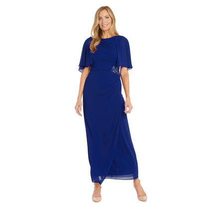 Refined Capelet-Sleeve Embellished Waist Floor-Length Evening Dresses