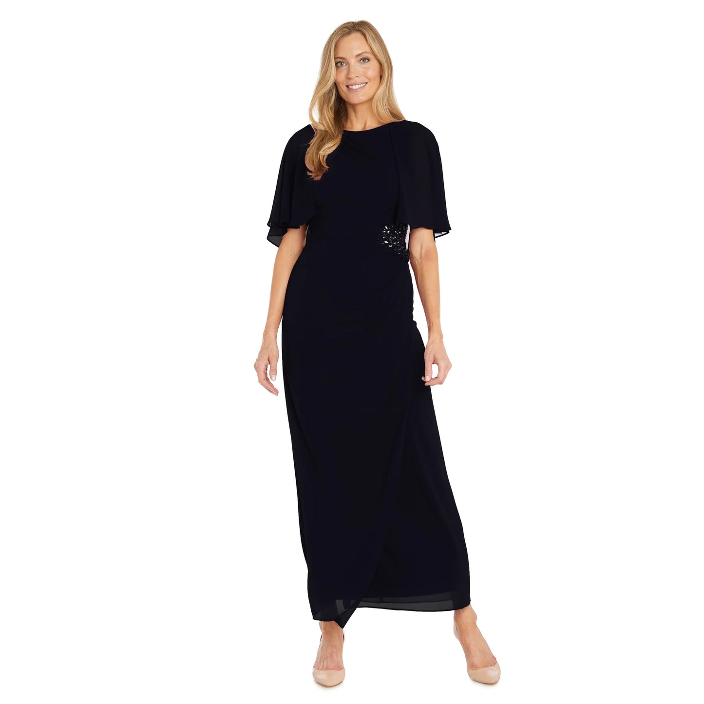 Refined Capelet-Sleeve Embellished Waist Floor-Length Evening Dresses