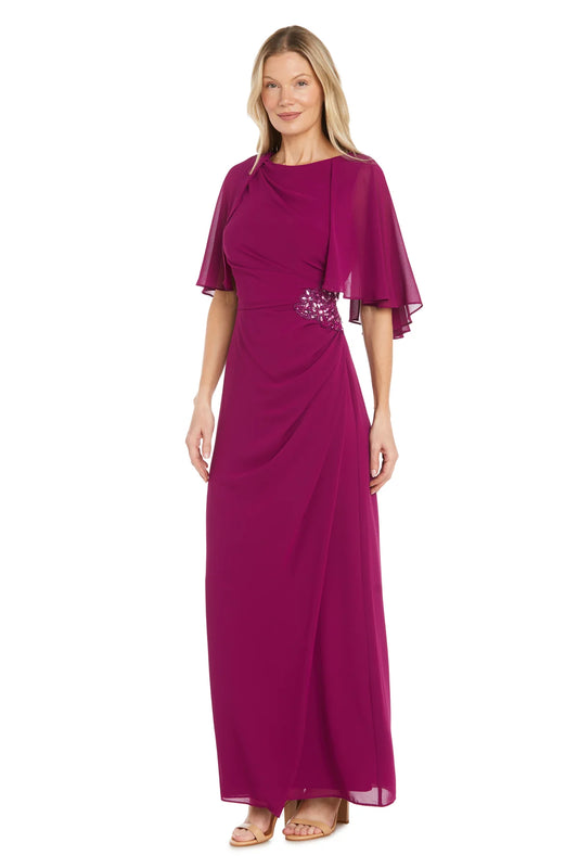 Refined Capelet-Sleeve Embellished Waist Floor-Length Evening Dresses