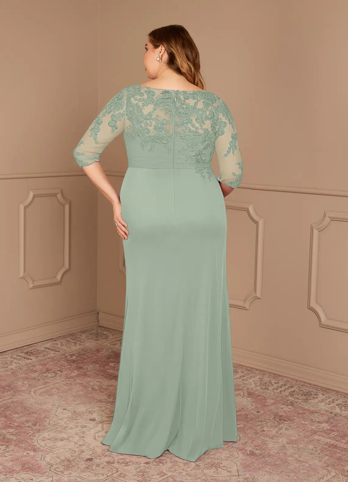 Refined Mermaid Boat Neck 3/4 Sleeve Lace Floor Length Mother of the Bride Dress
