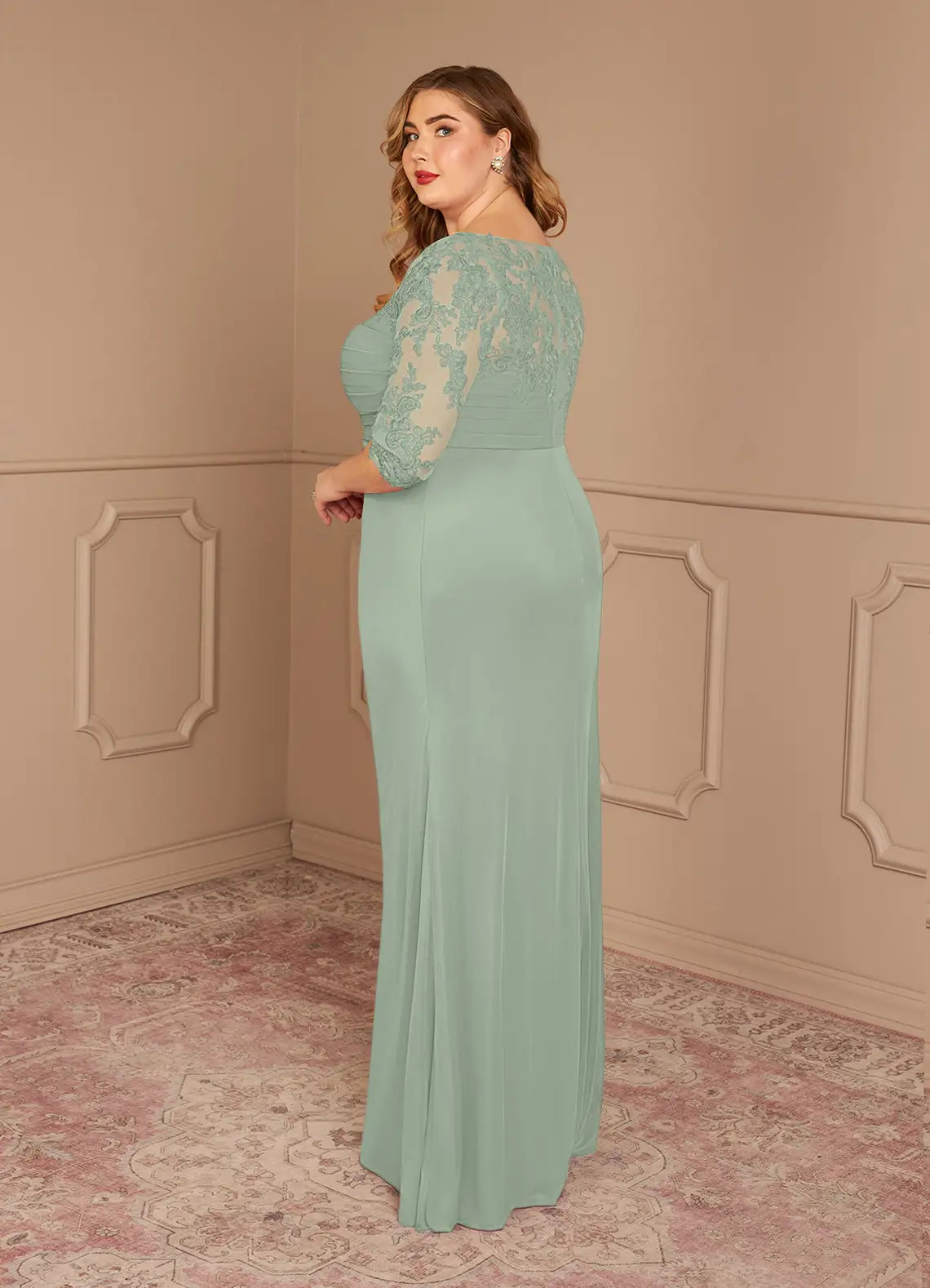 Refined Mermaid Boat Neck 3/4 Sleeve Lace Floor Length Mother of the Bride Dress