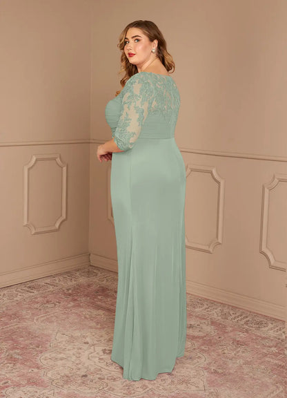 Refined Mermaid Boat Neck 3/4 Sleeve Lace Floor Length Mother of the Bride Dress