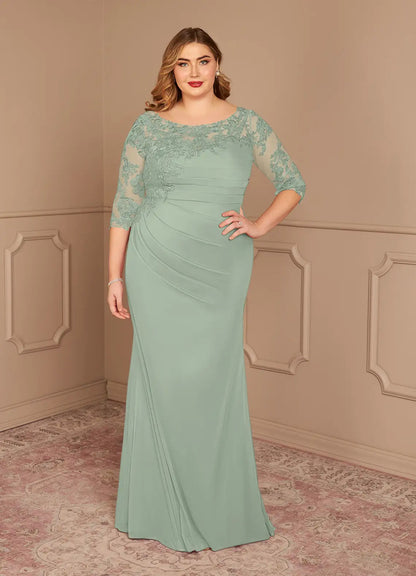 Refined Mermaid Boat Neck 3/4 Sleeve Lace Floor Length Mother of the Bride Dress