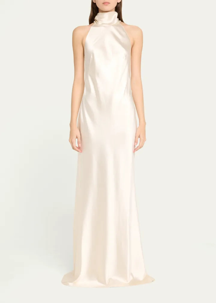 Refined Satin Mermaid Halter Neck Tie Back Floor Length Evening Dress