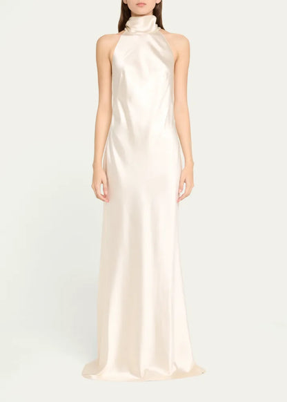 Refined Satin Mermaid Halter Neck Tie Back Floor Length Evening Dress